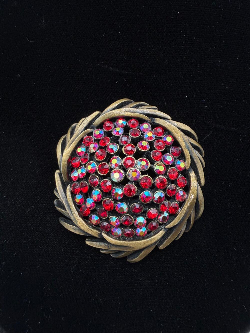 Vintage Karu Arke Bronze Tone Red Aurora Borealis Crystal Pin Brooch